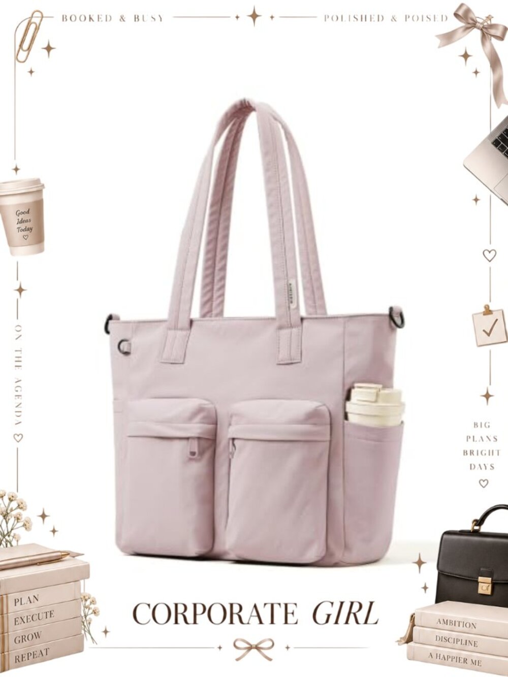 Water-Resistant Tote Bag with Multi Pockets Detachable Strap